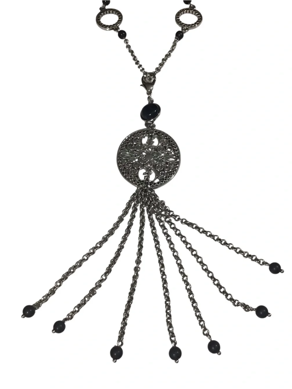 Lia Sophia Long Tassel Pendant Necklace Toggle Silver Tone Fashion Jewelry